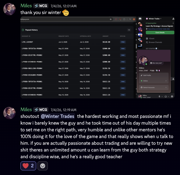 Discord message from Miles with a payout history screenshot and a thank-you to Winter